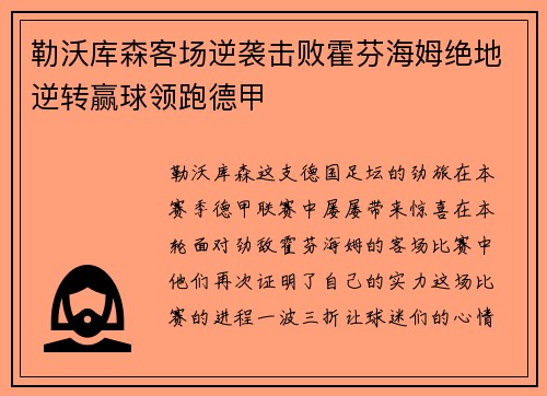 勒沃库森客场逆袭击败霍芬海姆绝地逆转赢球领跑德甲