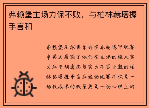 弗赖堡主场力保不败，与柏林赫塔握手言和