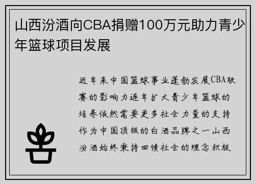 山西汾酒向CBA捐赠100万元助力青少年篮球项目发展